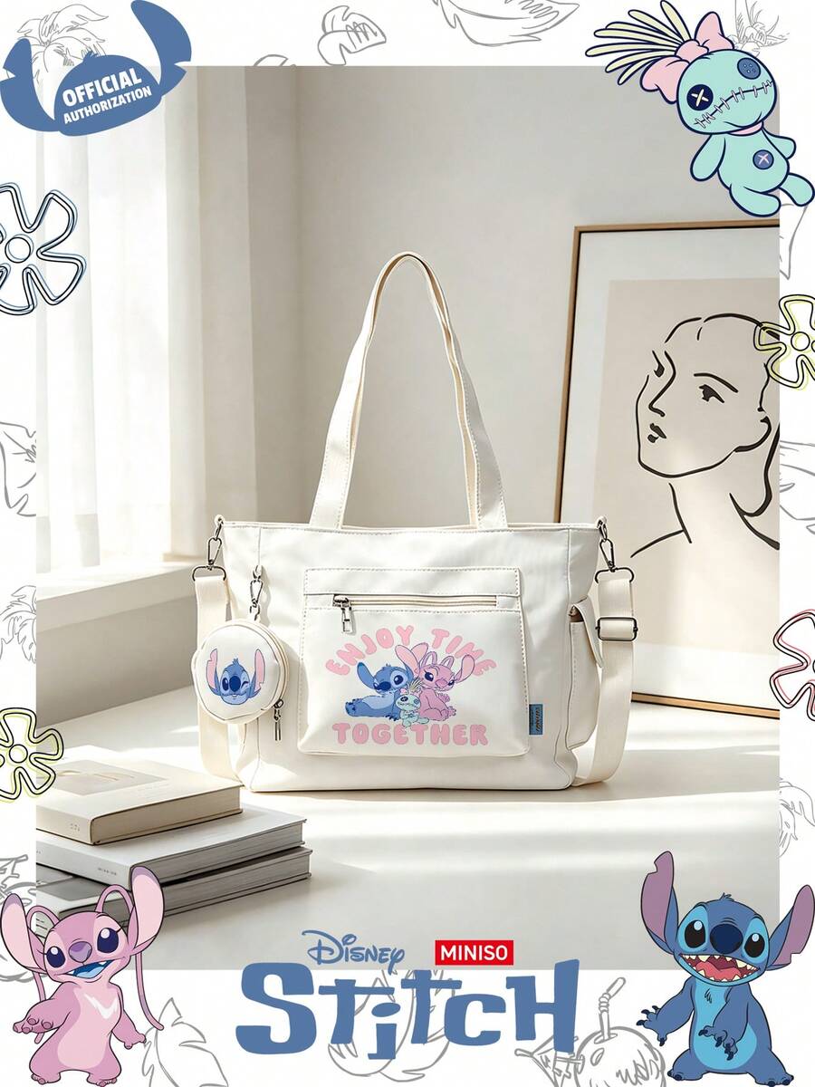 Miniso Disney Stitch & Angel Enjoy Time Together Text Print Tote Bag 2 Pieces Set With Coin Purse,Ideal For Work,Travel,Shopping And Everyday Use - White - View 1