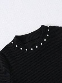 Autumn/Winter Girls' Fashion Elegant Round Neck Beaded Contrast Lace Long Sleeve Dress, Suitable For Parties - Black - View 4