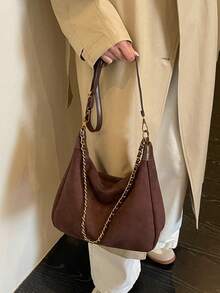 New Fashion Matte Suede Chain Shoulder Bag, Baguette Bag, Crossbody Retro French Style Square Patchwork - Coffee - View 7