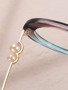 1pc European & American New Oval High-End Women's Clear Lens Metal Temple Pearl Inlaid Fashion Transparent Decorative Glasses - Clear - View 5