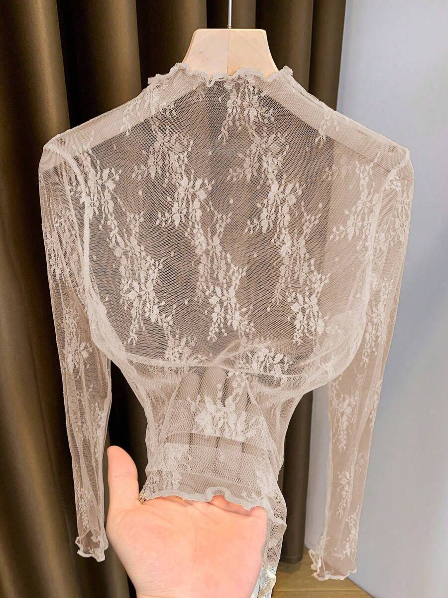 女款半高領蕾絲疊穿內搭上衣，2025新款春夏秋透視網紗打底長袖薄紗衫