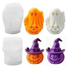 2pcs Halloween Ghost Pumpkin Witch Hat Silicone Candle Mold, Halloween Plaster Aromatherapy Ornament Silicone Mold - White - View 2