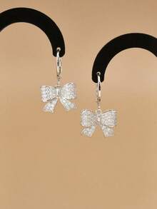 1 Pair Fashionable Full Rhinestone Silver Bow Stainless Steel Women's Earrings, Silver Earrings, Stainless Steel Jewelry, Silver Jewelry, Summer, Beach, Vacation Jewelry, Bohemian, Charming, Proud, Western Jewelry, Gift For Women, Gift, Birthday Gift - Silver - View 5