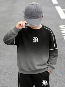 Boys' 2 Pieces Gothic Letter Print Black & Grey Gradient Sweatshirt And Joggers Set, Autumn/Winter, 8-12 Years Old, Cool Outfit - Black - View 5