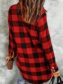 Plus Size Women Plaid Button Pocket Casual Long Sleeve Shirt - Red - View 2