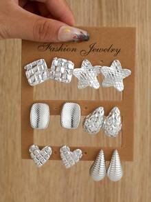 12PCS Shiny Silver Textured Earrings Set, Niche Design Multi-Pair ...