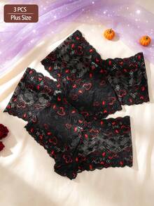 3pcs/Pack Women's Plus Size Sexy Lace Heart Breathable Comfortable Boxer Briefs, Dual Color - Black - View 1