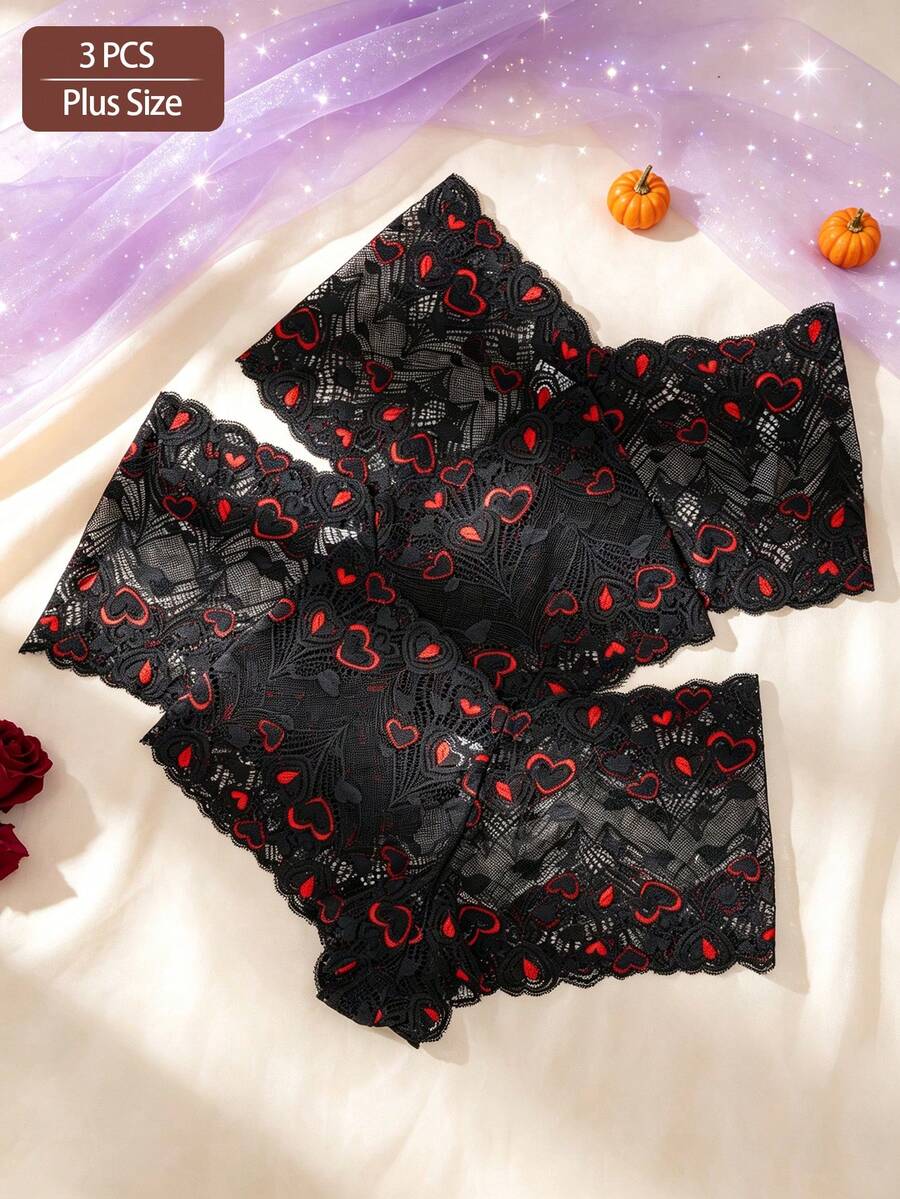3pcs/Pack Women's Plus Size Sexy Lace Heart Breathable Comfortable Boxer Briefs, Dual Color - Black - View 1