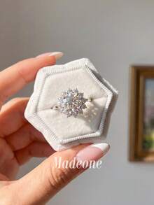 MADEONE 1pc Classic Round Flower Ring, Zirconia Inlaid, Suitable As Engagement Gift Or Holiday Gift, Jewelry Gift - Flower Shaped Diamond Ring - View 4