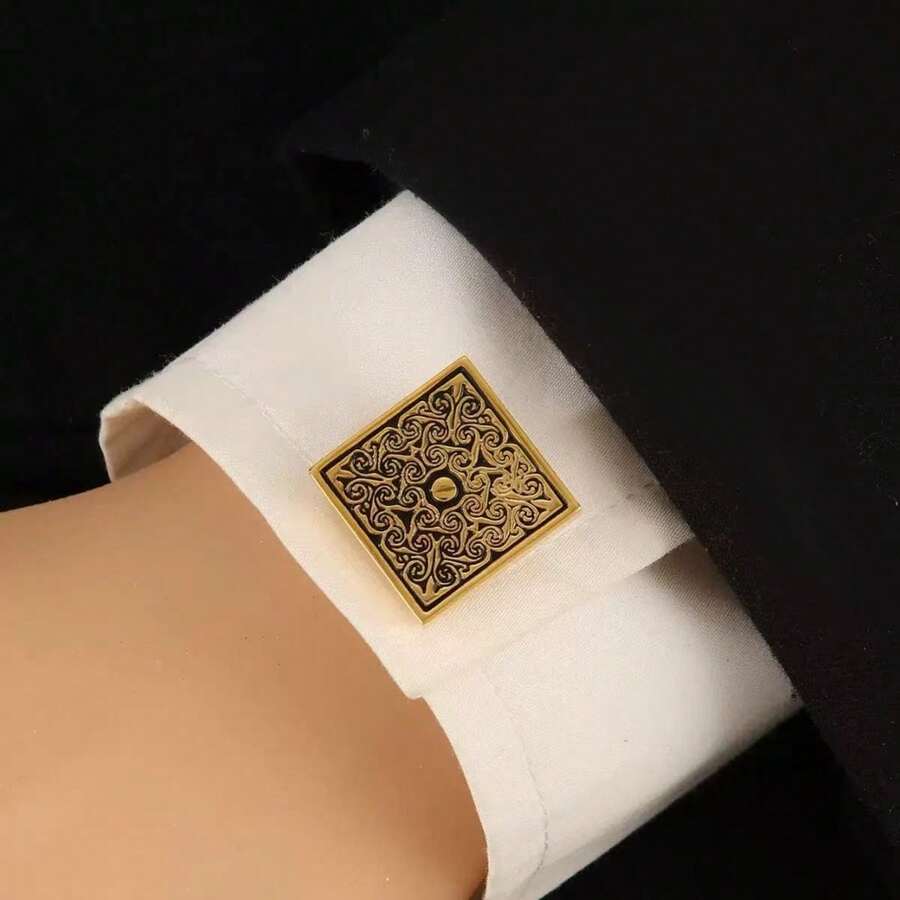 Kancing Manset Kemeja Gaya Prancis Lintas Batas, Enamel Klasik, Pola Vintage, Kancing Manset Persegi, Warna Solid, Baja Tahan Karat - Emas - View 1