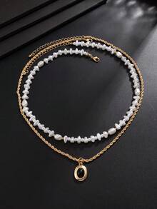 2pcs/Set Autumn Vintage Old Money Style Double Layer Stacked Necklace, Baroque Pearl & Black Agate Oval Pendant, Back To School Daily Gift Choker - Gold - View 6