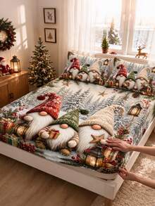 3pcs Winter Forest Gnome Bedding Set, Christmas Forest Gnome Dwarf Pine Tree Lantern Gift Print (1 Fitted Sheet + 2 Pillowcases, Pillow Inserts Not Included), Comfortable And Breathable, Multiple Sizes Available, Suitable For Master Bedroom, Guest Room, Etc. - Multicolor - View 1