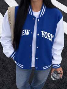 1pc Tween Girls Casual High Street Versatile Outdoor Commute Baseball Jacket, Autumn/Winter - Blue - View 10