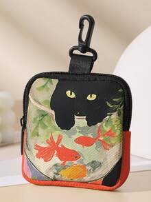 1/2pcs ,Cat & Books Floral Print Mini Coin Purse,Zipper Closure Small Pouch With Swivel Hook For Earphones Coins Tiny Accessories,Can Hang On Backpack - Multicolor - View 12