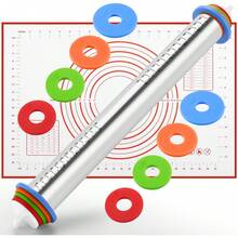 Adjustable Stainless Steel Dough Rolling Pin With 4 Thickness Rings And Scale Markings, Non-Stick Dough Roller, Suitable For Baking Cookies, Pizza, Pie, Pasta And Pastries - Multicolor - View 1