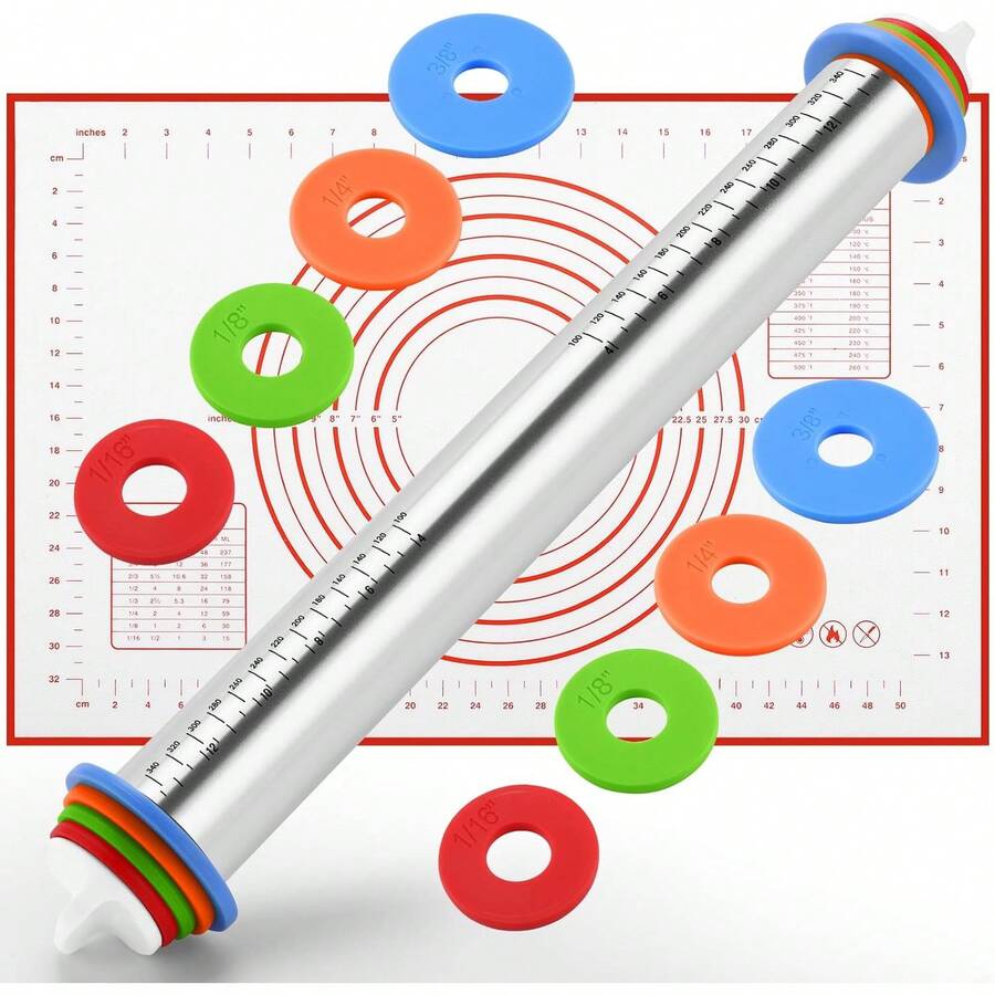Adjustable Stainless Steel Dough Rolling Pin With 4 Thickness Rings And Scale Markings, Non-Stick Dough Roller, Suitable For Baking Cookies, Pizza, Pie, Pasta And Pastries - Multicolor - View 1