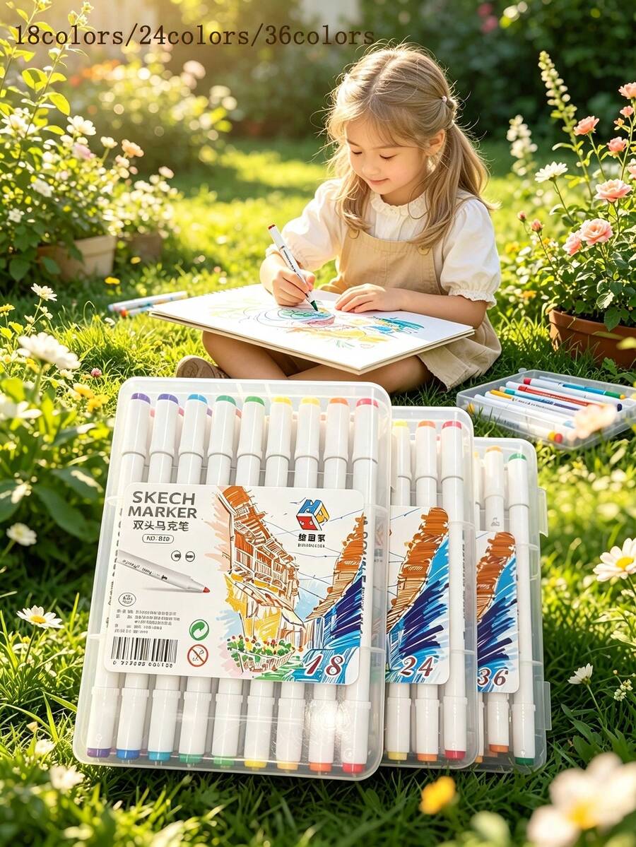 18/24/36 Colors Dual-Tip Multi-Purpose Acrylic Markers, Smooth Flow, Vibrant Colors, Quick-Drying, Suitable For Students, Children Painting, DIY, Greeting Cards, Holiday Gifts, Doodling, Coloring, Anime Design, Oil-Based Markers - Multicolor - View 1