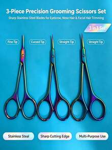 JSS. 3 Packs Iridescent Eyebrow Trimming Scissors, Sharp Stainless Steel Facial Hair Scissors, Women Beauty Grooming Kit With Protective Covers - Multicolor - View 4
