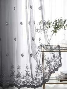1pc Grey Tone Heavy Embroidery Premium Embossed Sheer Curtain, Grommet Style European Bedroom Balcony Bay Window Translucent Voile Curtain - Multicolor - View 6