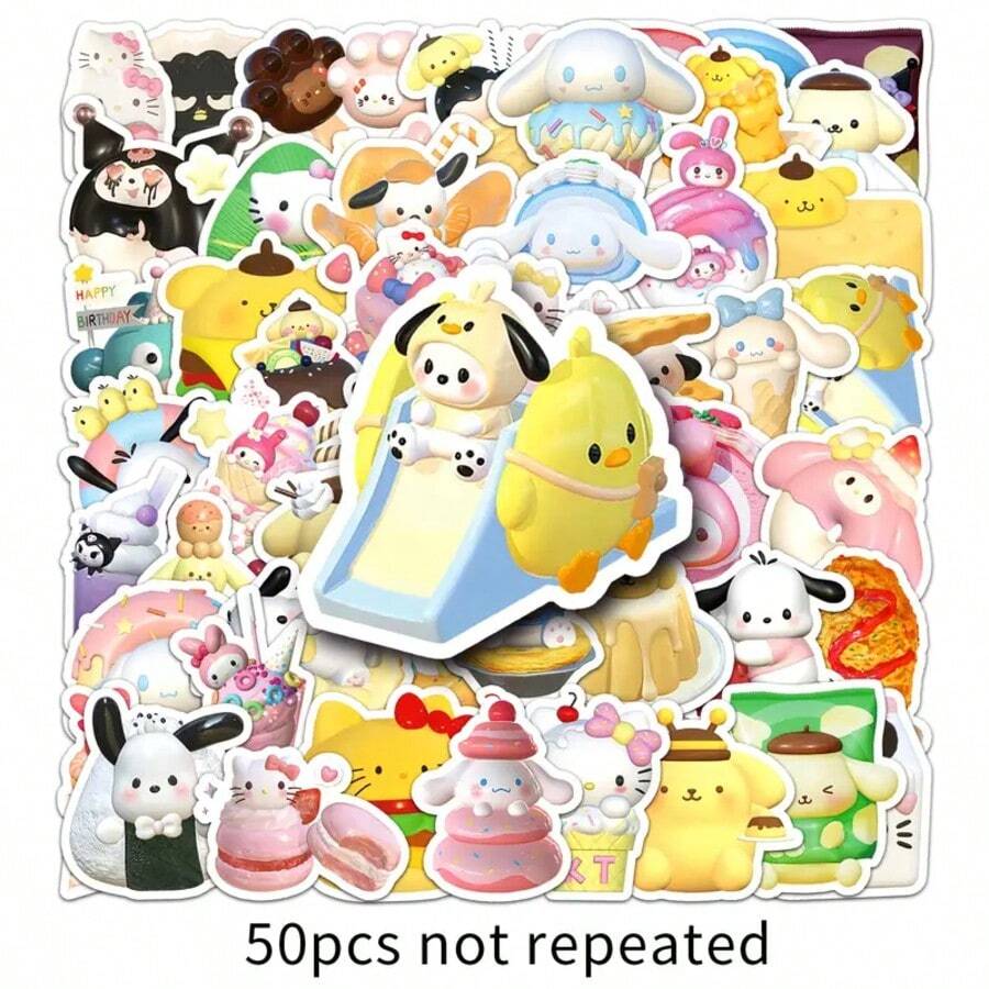 SANRIO 50入 3D三麗鷗食物卡通貼紙 可愛柔和色系設計,適用滑板、手機殼、行李箱,高黏性材質,適合可愛洗浴與日常場景,混色不重複角色 - 彩色 - 查看 1