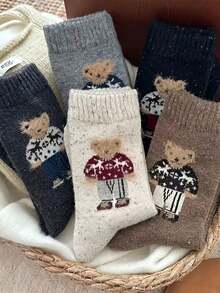 5 Pairs Women's Winter Tights, Comfortable And Warm, Featuring Teddy Bear And Mushroom Patterns, Machine Washable, 5 Colors (Brown/Grey/Black), Suitable For Casual And Formal Occasions, Cute Animal Pattern Design, Warm And Comfortable, Plush Material, Essential For Sock Lovers, Christmas Gift (1/3/5) - Multicolor - View 2
