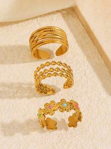 Set 3 buah cincin bunga manik-manik garis geometris gaya kasual minimalis emas stainless steel, cocok untuk wanita, pemakaian sehari-hari, liburan, kencan, dan belanja. - MultiWarna - View 1