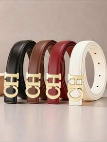 Women Fashion Solid Color Waist Belt, Vintage Interlocking Double‑Circle Hollow Metal Buckle Design Waist Strap, Casual Daily Matching Accessory - Multicolor - View 1