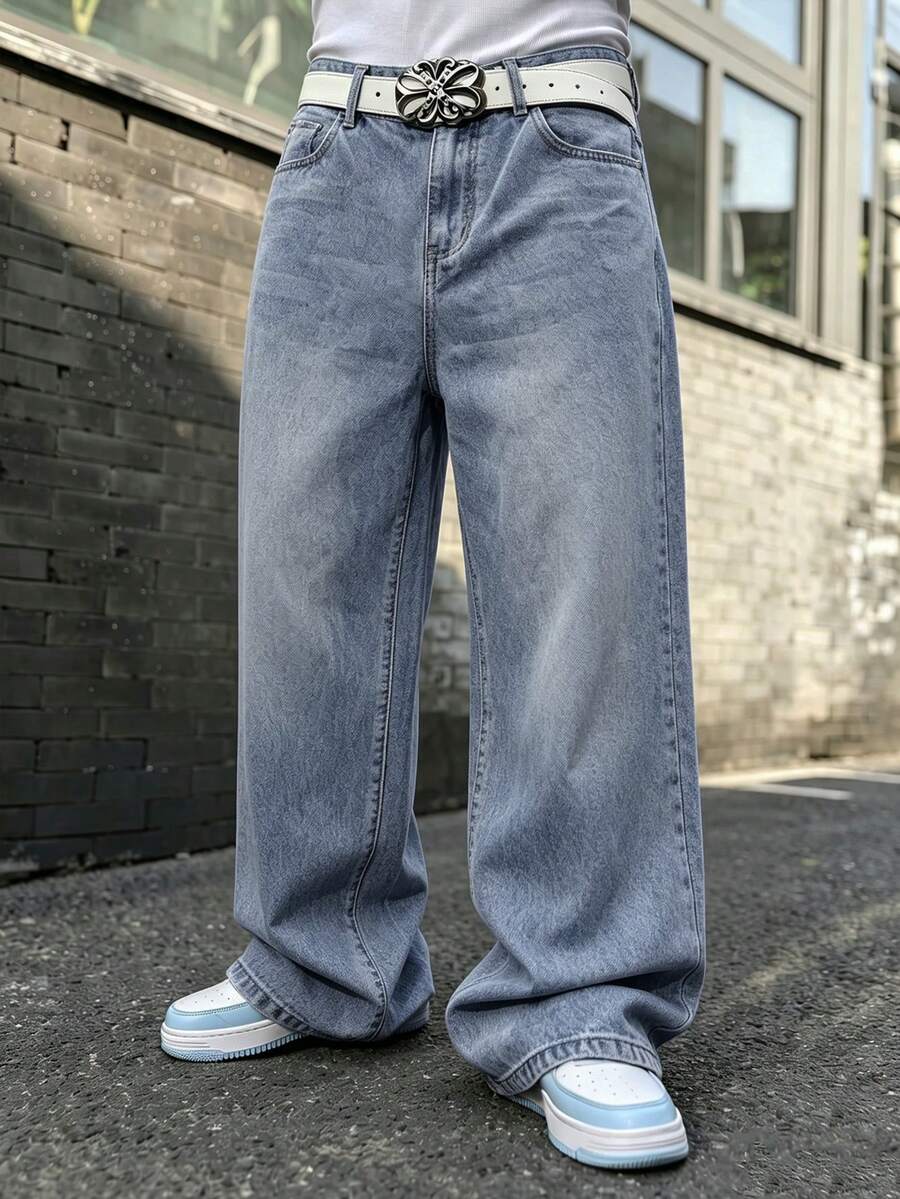 青少年男孩休閒百搭日常穿著牛仔長褲,附口袋 - 淺色水洗藍 - 查看 1