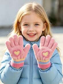 1 Pair Children's Heart Pattern Thick Fleece Lined Plush Gloves, Warm Accessory, Suitable For Baby Girls Daily Wear, School, Outdoor Skiing, Cycling - Multicolor - View 11