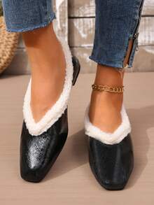 rlyza Women's Thermal Lined Square Toe Low Vamp Flats, Retro Fuzzy Trim Comfortable Warm Commuter Slouchy Fur Shoes - Black - View 5