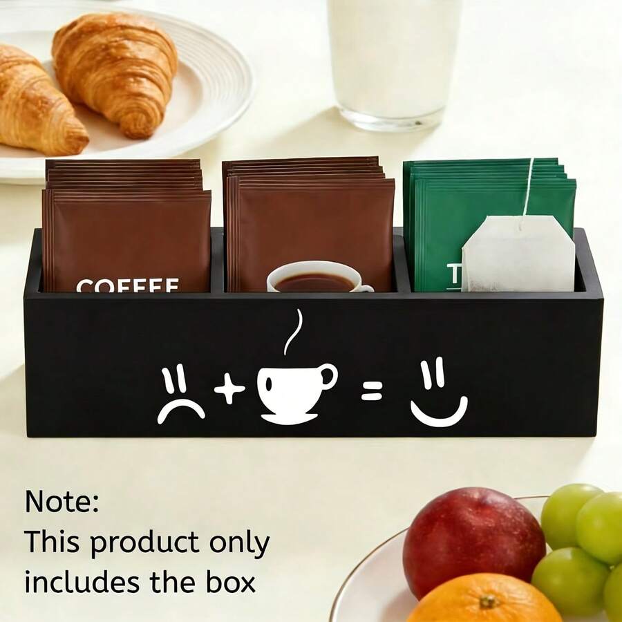 A Tea Bag Storage Box With Three Compartments, A Coffee Machine Box With A Handle On The Side, Perfect For Kitchen And Pantry Countertops, And A Wooden Storage Box Designed For Coffee Lovers - Black - View 1