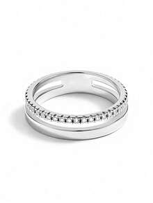 1pc Hollow Single Layer Full Rhinestone Ring, Inlaid With Shiny Cubic Zirconia, Unisex, Suitable For Daily Wear Or Party Accessory, High Quality Exquisite Jewelry Gift - Silver - View 6