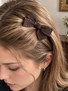 2PCS Elegant Brown Hair Clips Girls And Women Cottagecore Ruffle Bow Side Clips French Vintage Bow Hair Clips For Women Autumn Winter Hair Accessories - Brown - View 3