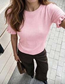 Women's Casual Solid Color Round Neck Ruffle Short Sleeve Loose Fit T-Shirt, Spring/Summer Style, Suitable For Dating And Daily Wear - Pink - View 8