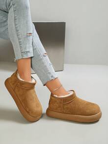 Women's Solid Color Faux Suede Slip-On Ankle Boots, Fuzzy Lining Minimalist Thick Sole Ankle Boots - Khaki - View 2
