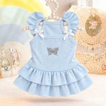 Butterfly Dog Dress With Bow Detail, Ruffle Shoulder Strap Pet Dress With Shiny Decoration And Double Layer Ruffle Hem - Blue - View 4