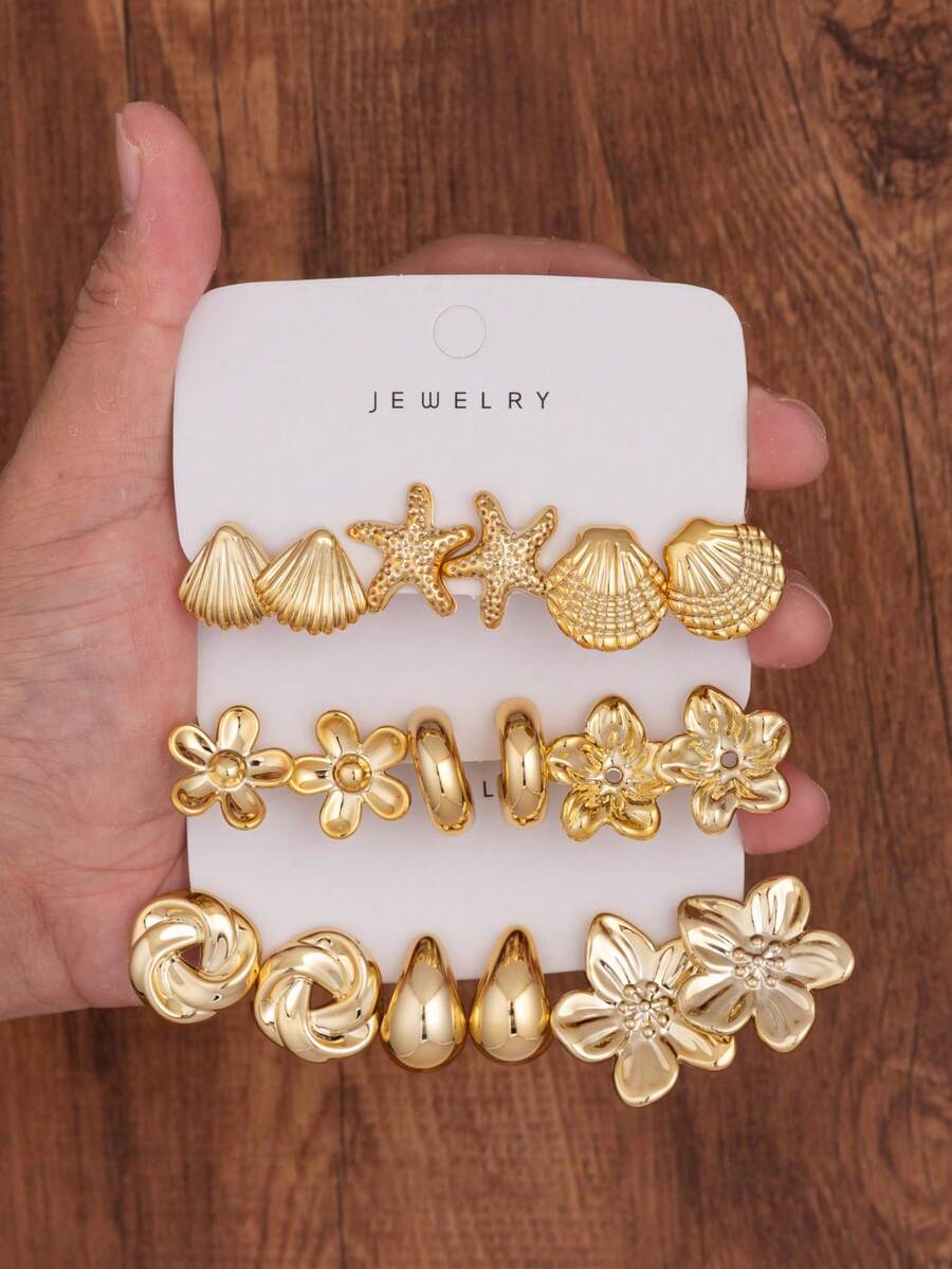 6/18pcs Gold Fashion Women's High-End Earrings Set - Gold - View 1