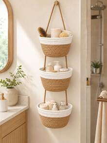1pc 3-Tier Bohemian Style Wall-Mounted Bathroom Storage Basket, Large Capacity Space-Saving Design, Can Store Towels, Toiletries, Books, Remote Controls And Home Supplies - Multicolor - View 3