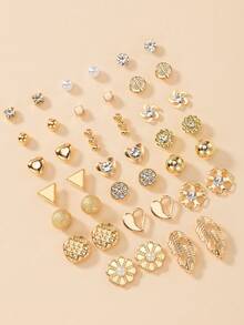 20 Pairs Minimalist Cute Heart & Flower Rhinestone Faux Pearl Assorted Earrings Set For Women, Daily Casual & Outing Wear Stud Earrings Jewelry Holiday Gift - Yellow Gold - View 4