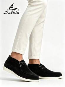 Salkin Fashion Designer Men's Moccasin Solid Color Soft Suede Lace-Up Loafers For Men Ankle Boots Affordable Luxury For Modern Living Ankle Boots Gentleman Business Social Shoes Men's High-Top Boots Daily Office Party Men's Wedding Shoes Couple Dating Romantic Dinner Holiday Gift Back To School Student Casual Shoes Collegiate Style, Please Select Size Up One - Black - View 8