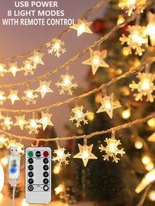 USB Powered LED Star Snowflake Christmas String Lights With Remote Control, 8 Lighting Modes Warm White Snowflake Fairy Lights, Christmas Tree Party Home Bedroom Dorm Indoor Wall Hanging Decorative Lights, Holiday Winter Atmosphere Decoration Lights - Transparent Stars + Snowflakes - View 6