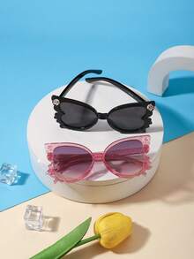 2pcs Kids 3-8 Years Old Cat Eye PC Glasses With Rose Decoration, Lightweight Fashion Glasses For Girls, Suitable For Party And Holiday Photo Occasions - Multicolor - View 3