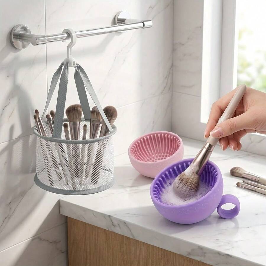 1 Set Silicone Makeup Brush Cleaning Bowl And Drying Rack Set, Portable Makeup Brush Cleaning Bowl With Mesh Storage Rack, Quick Drying Organizer, Essential Travel Beauty Tool, Suitable For Sponges, Makeup Brushes And More