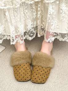 Women's Khaki Fluffy Indoor Slippers, Quiet Soft Sole, Winter Wearable Versatile Polka Dot Flat Fur Slippers, Anti-Slip Comfortable - Khaki - View 6