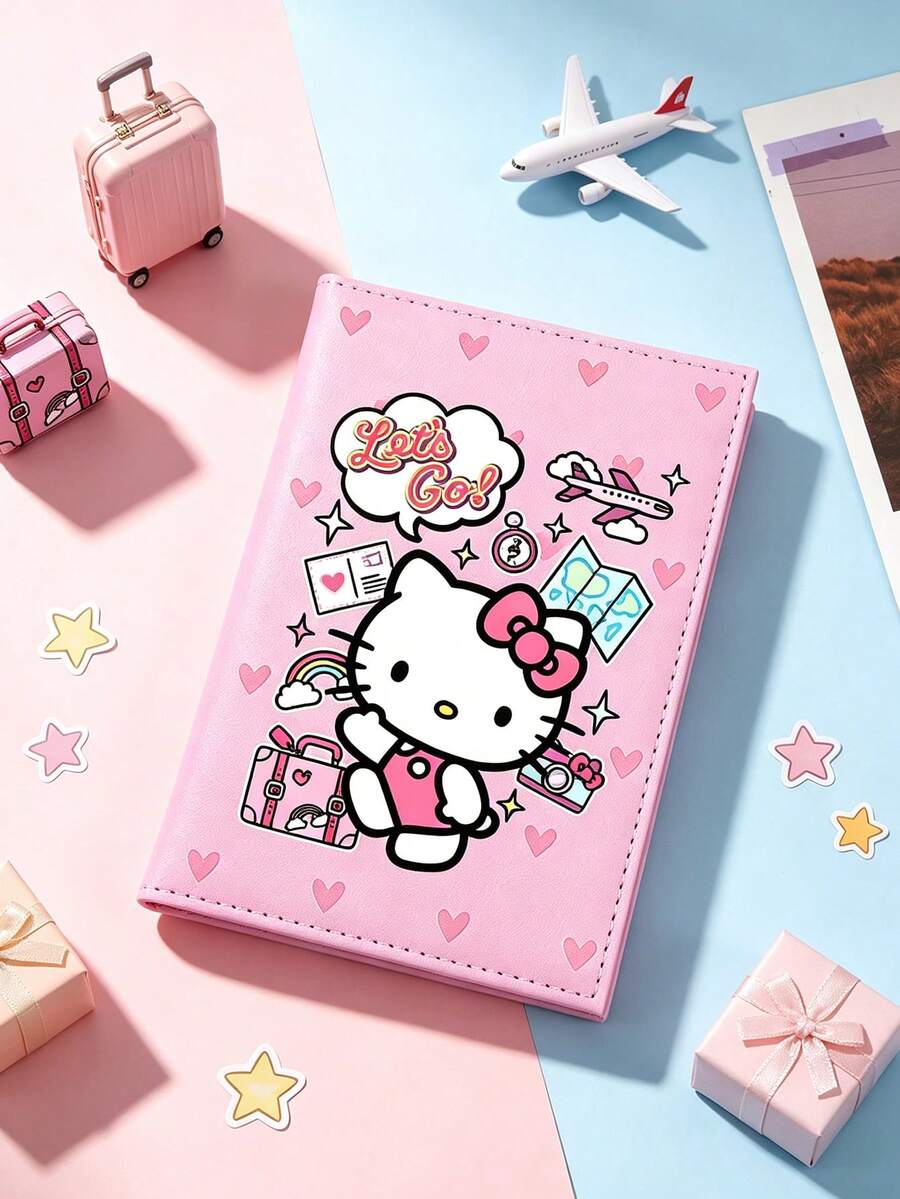 SANRIO Cute Heart Hello Kitty Pattern PU Leather Passport Holder Cover With Card Slots, Multi Card Slots Organizer Flight Ticket Storage Travel Essentials - Multicolor - View 1