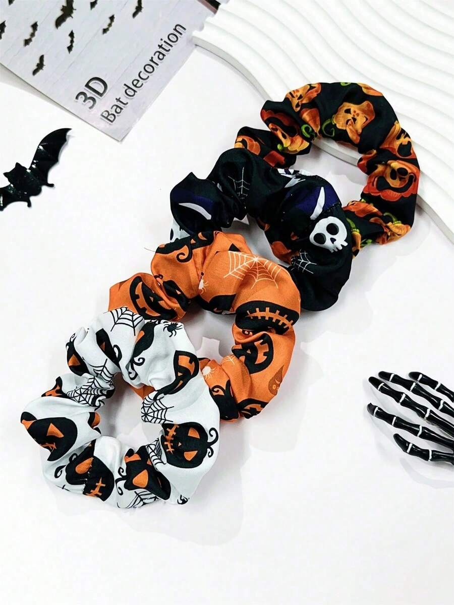 4pcs Halloween Themed Women Fashion Accessories: Made Of Elegant Fabric Printed With Pumpkin, Skull And Spider Web Patterns. Suitable For Hair Styling, Both For Going Out And Daily Wear. - Multicolor - View 1