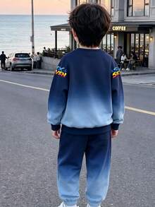 Boys Spring/Autumn 2-Piece Set, Gradient Cartoon Pixel Style 67 Number Anthropomorphic Letter Print Crew Neck Sweatshirt With Matching Jogger Pants, Playful Casual Everyday Outfit - Blue - View 4