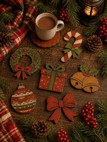 6件組聖誕木製杯墊套裝，蝴蝶結花環、糖果棒裝飾禮盒與鈴鐺圖案，鄉村農舍風木製飲品墊，附印花細節，耐熱桌面保護墊，適用於聖誕派對、廚房裝飾、居家裝飾與房間布置 - 彩色 - 查看 10