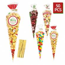 50pcs Christmas Cone-Shaped Snack Bags With Gold Twist Ties, For Candy, Popcorn, Cookies, Snacks Packaging, Christmas Print Transparent Triangle Bags, Holiday Party Gift Packaging Bags - - - View 7