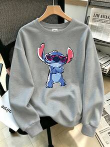 Disney Plus Size Women's Casual Cool Stitch Print Street Style Autumn/Winter Crew Neck Long Sleeve Sweatshirt - Grey - View 1
